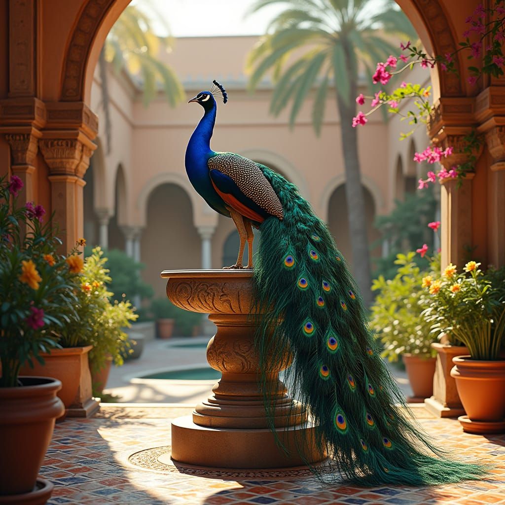 Majestic Peacock on Moroccan Fountain in Golden Hour Light