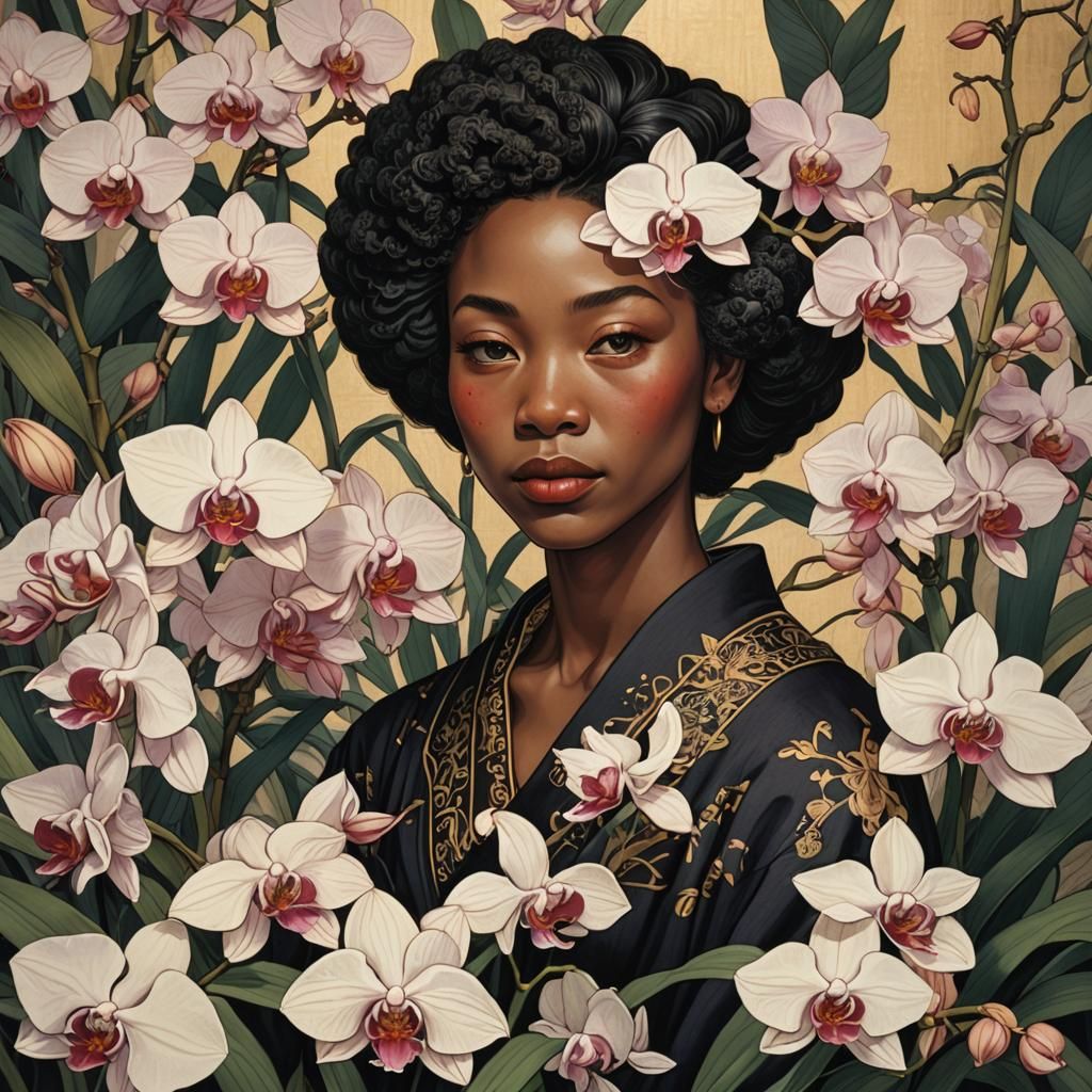 close-up, black woman holding and surrounded by orchids, Uki...