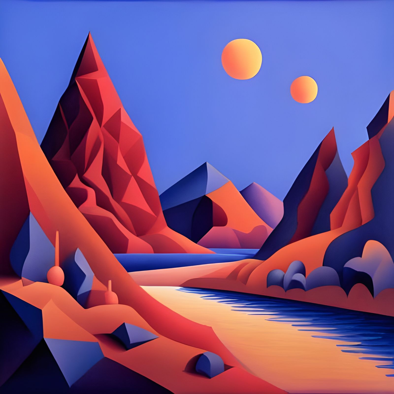 Alien landscape with ultramarine sky and crimson mountains, ...