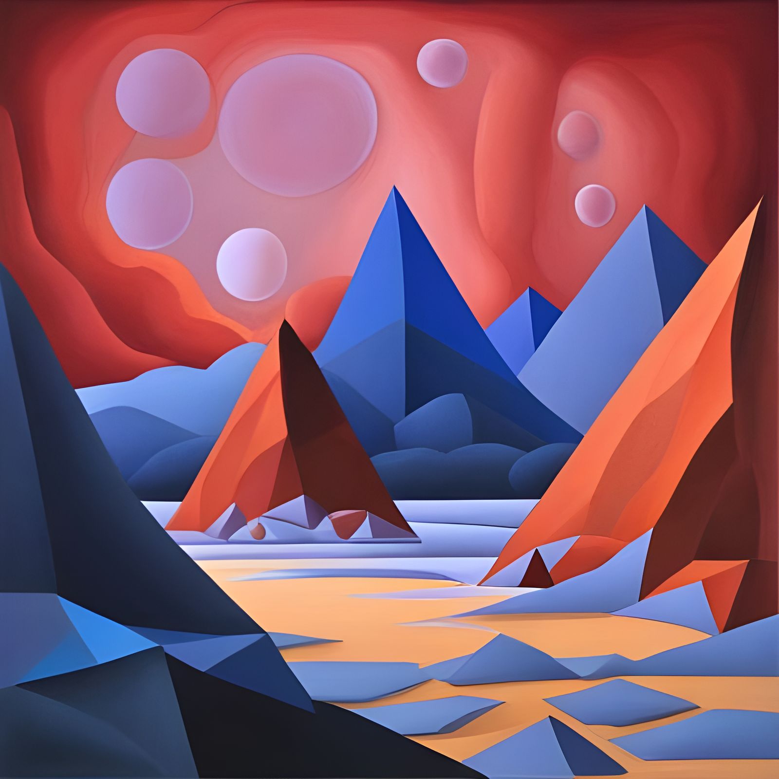 Alien landscape with ultramarine sky and crimson mountains, ...