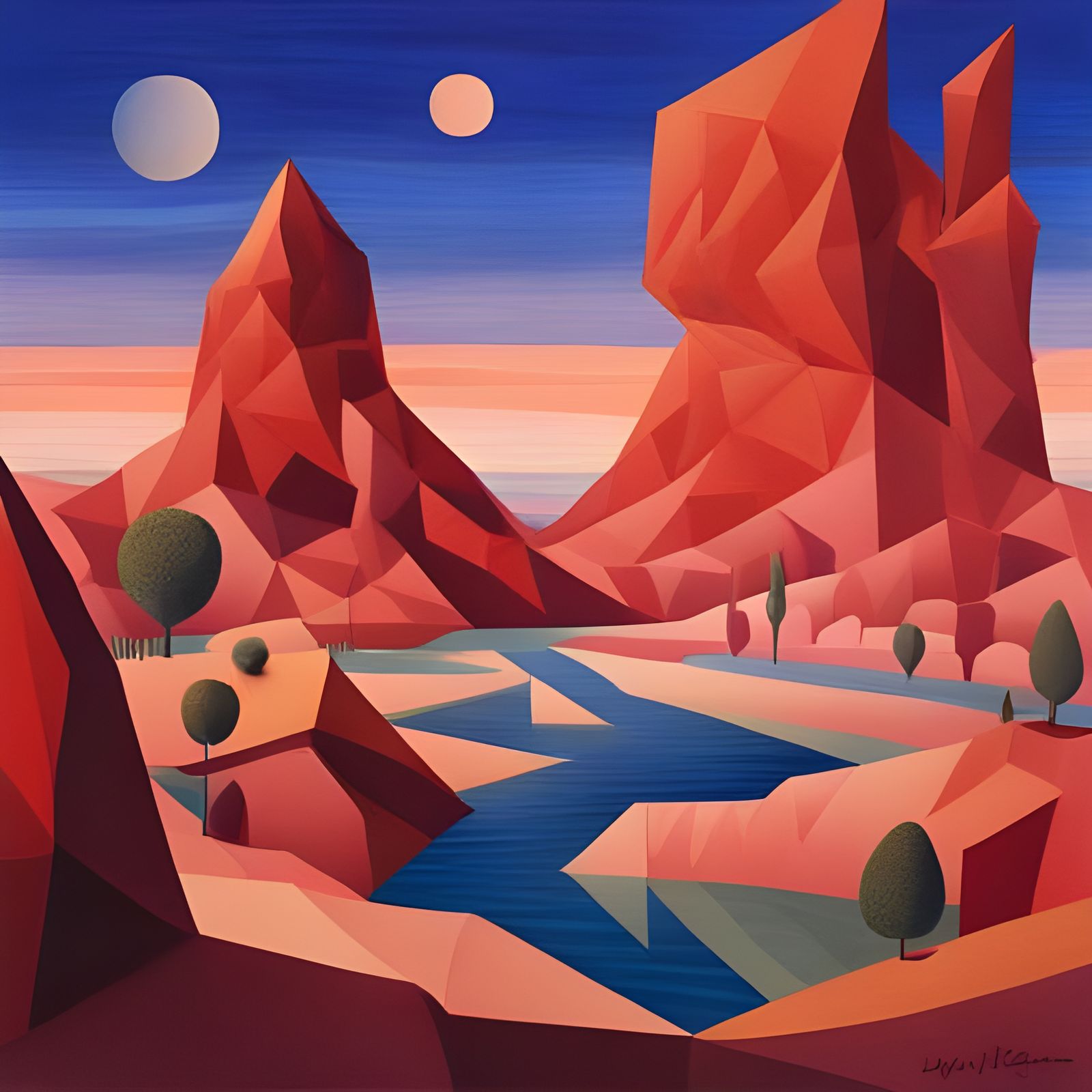 Alien landscape with ultramarine sky and crimson mountains, ...