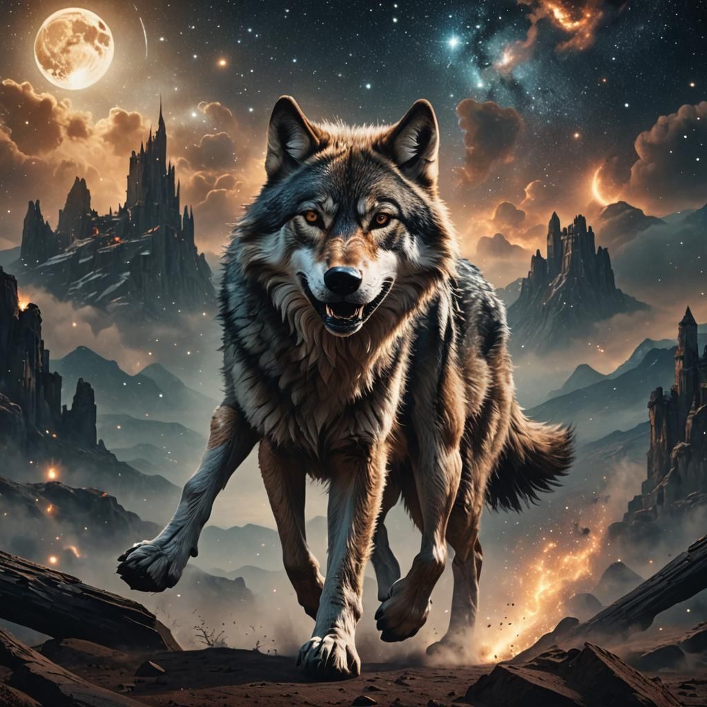A wolf prancing in the stars
