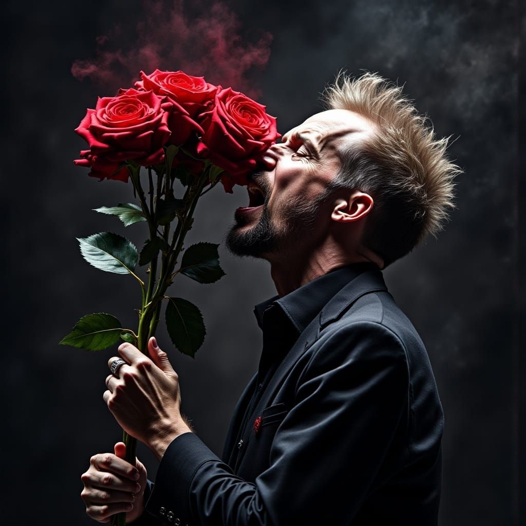<lora:Caught in a Mosh v2:1.0> James Hetfield, screaming at a beautiful rose for being a rose