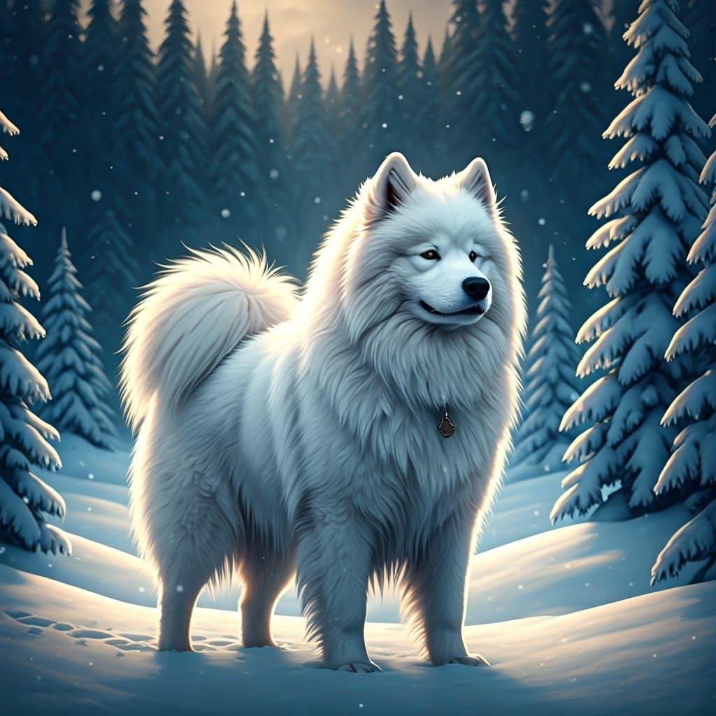Samoyed Dog in Winter Wonderland: Fantasy Concept Art