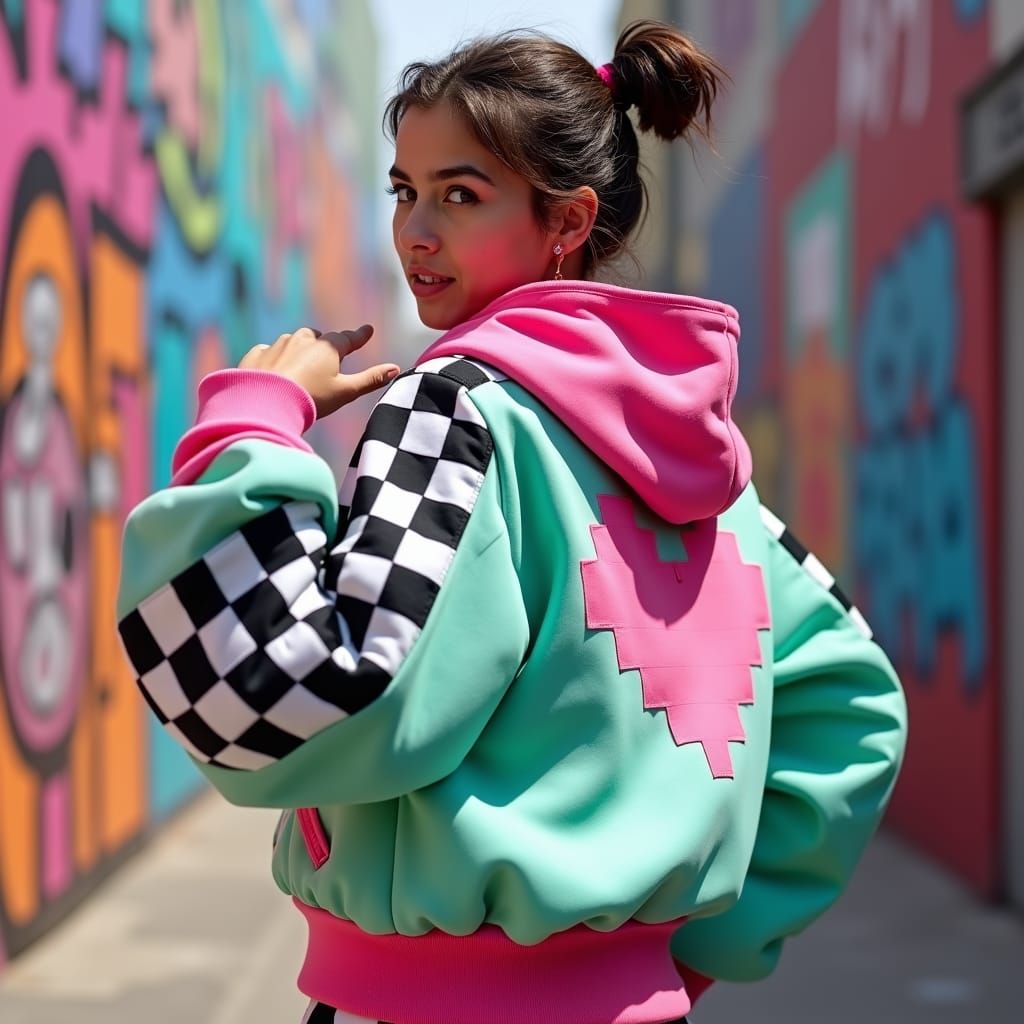 A candid photograph designed for an advertising campaign featuring an adult model wearing a Vanellope-inspired bomber jacket. The jacket fea...