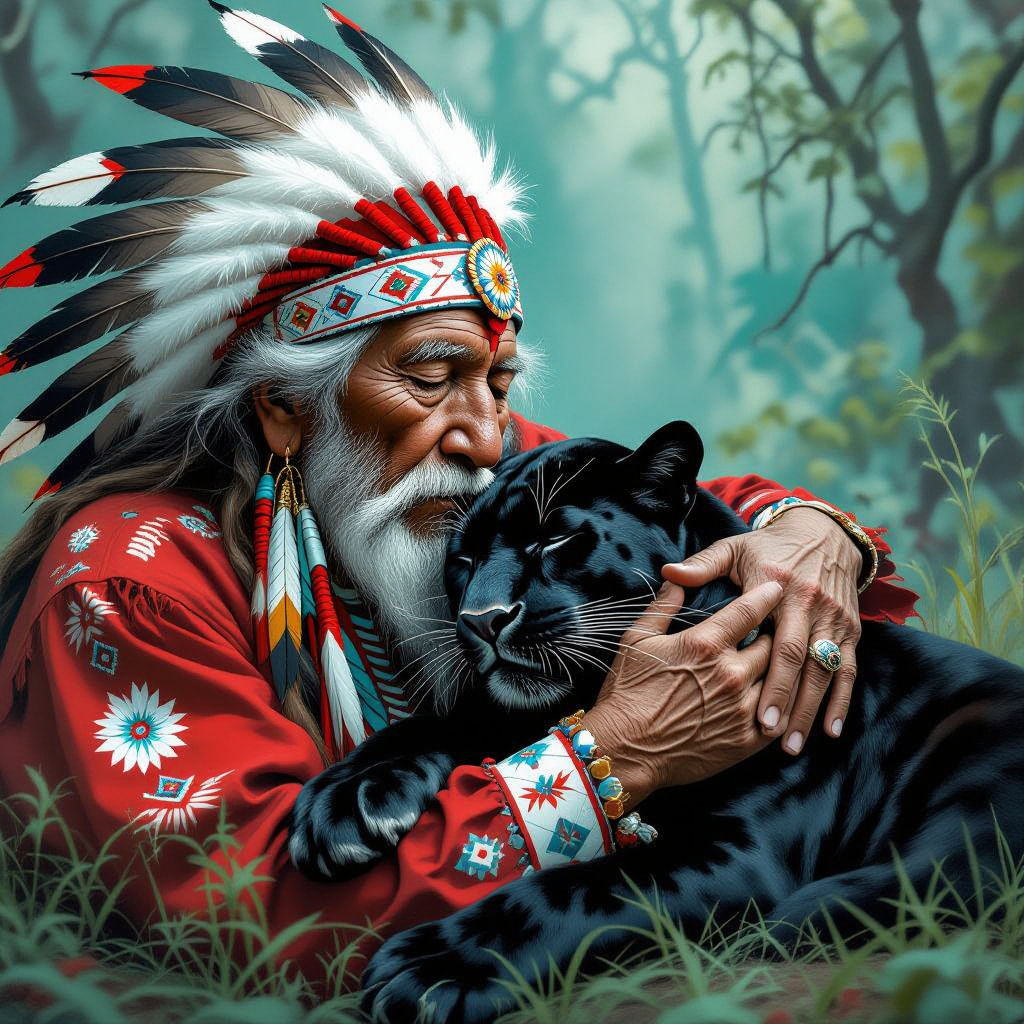 An old American Indian chief is showing affection to a pet Black Panther