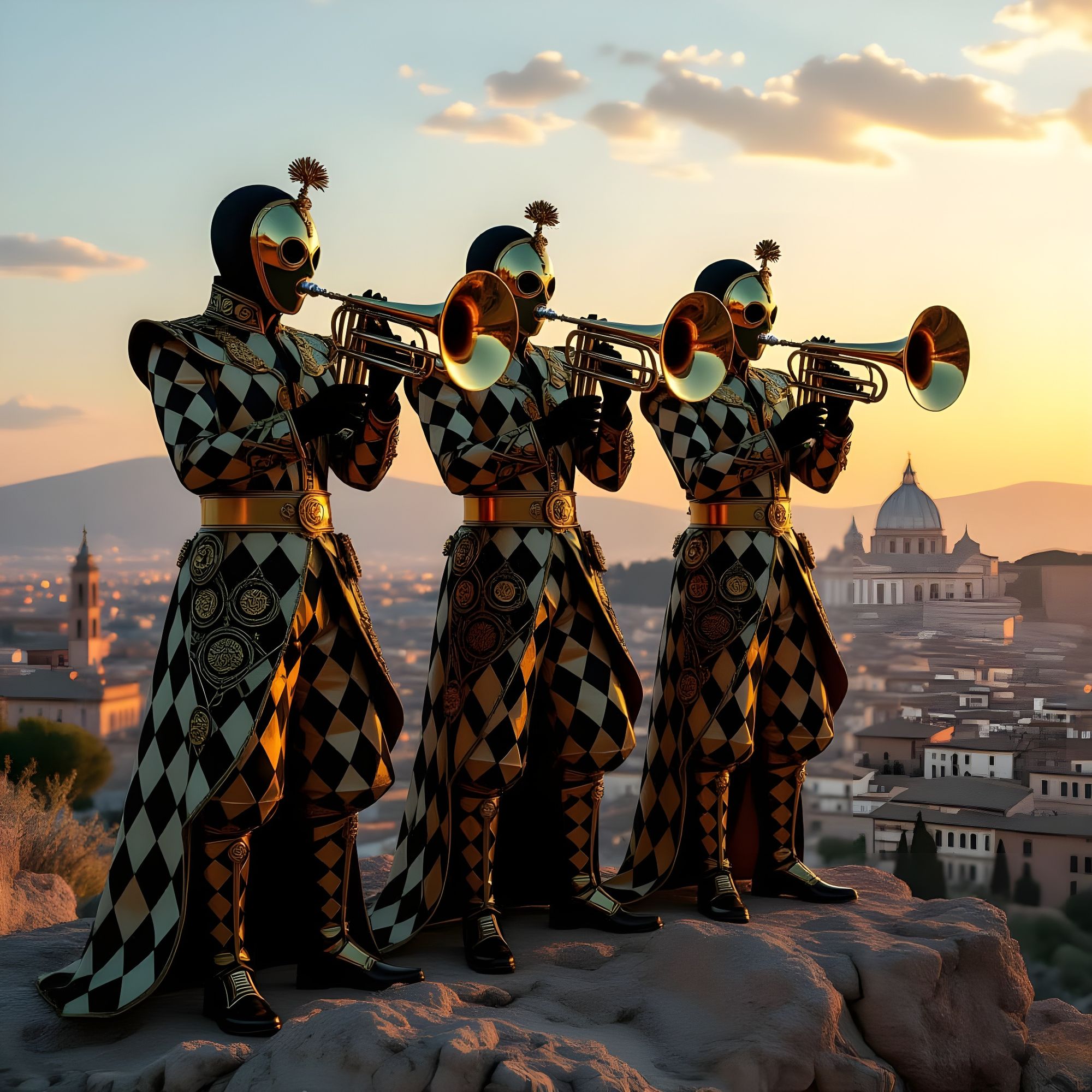 Three masked harlequin men dressed in diamond patterned costumes stand on a rocky crag playing large steam powered surreal brass instruments...