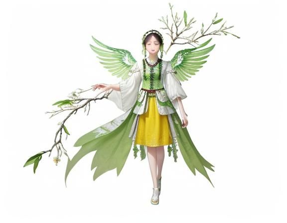 On the white cotton gauze, yellow threads are used as branch...