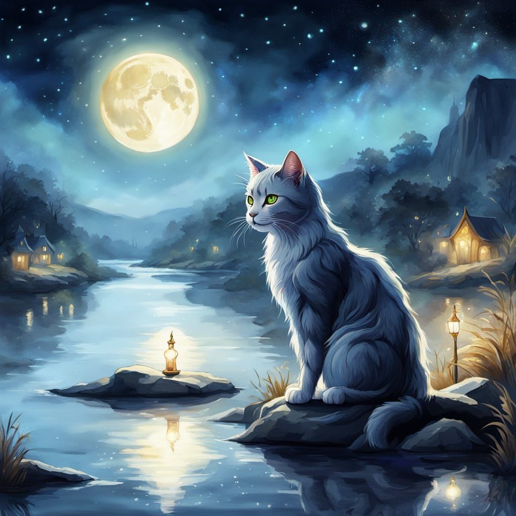 Cat Sorceress by Moonlit River in Watercolor Style