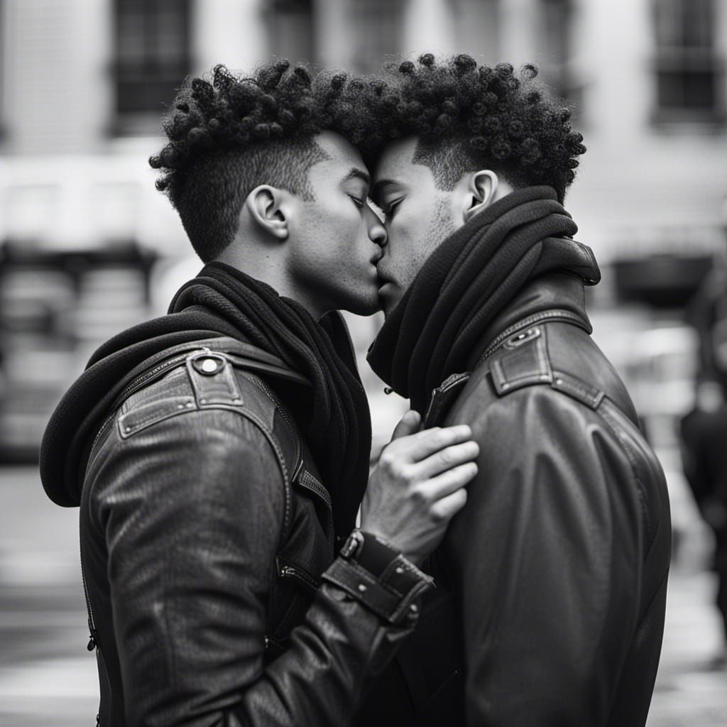 gay biracial kiss on the street - AI Generated Artwork - NightCafe Creator