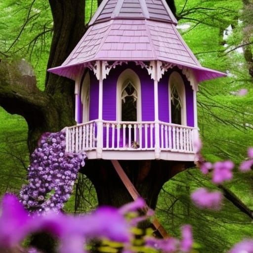 Legendary dreamy gothic purple treehouse with purple blossoms in the