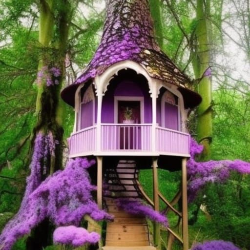 Legendary dreamy gothic purple treehouse with purple blossoms in the