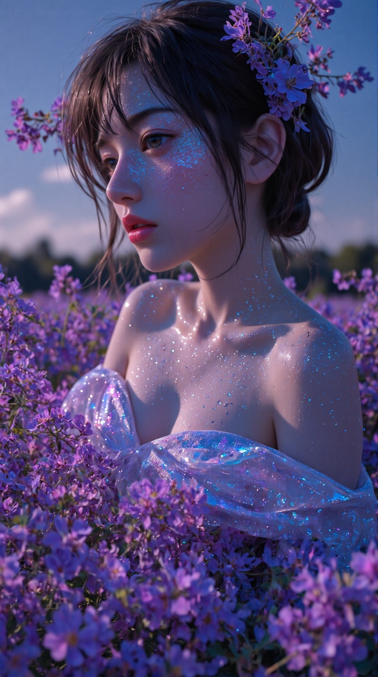 Glittering Charming Lady in a Lavender Field
