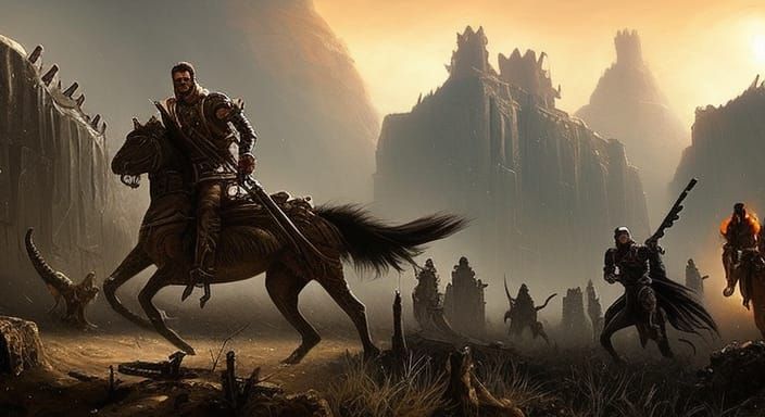 "Gypsy Warriors Male and Female riding alien beasts" Dark Fa...