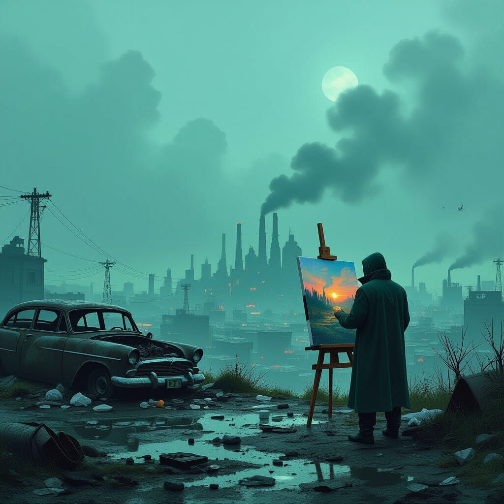 In a dystopian and dark future a sci-fi painter stands and overlook the landscape, he's painting a painting. The landscape has heavy rain, s...