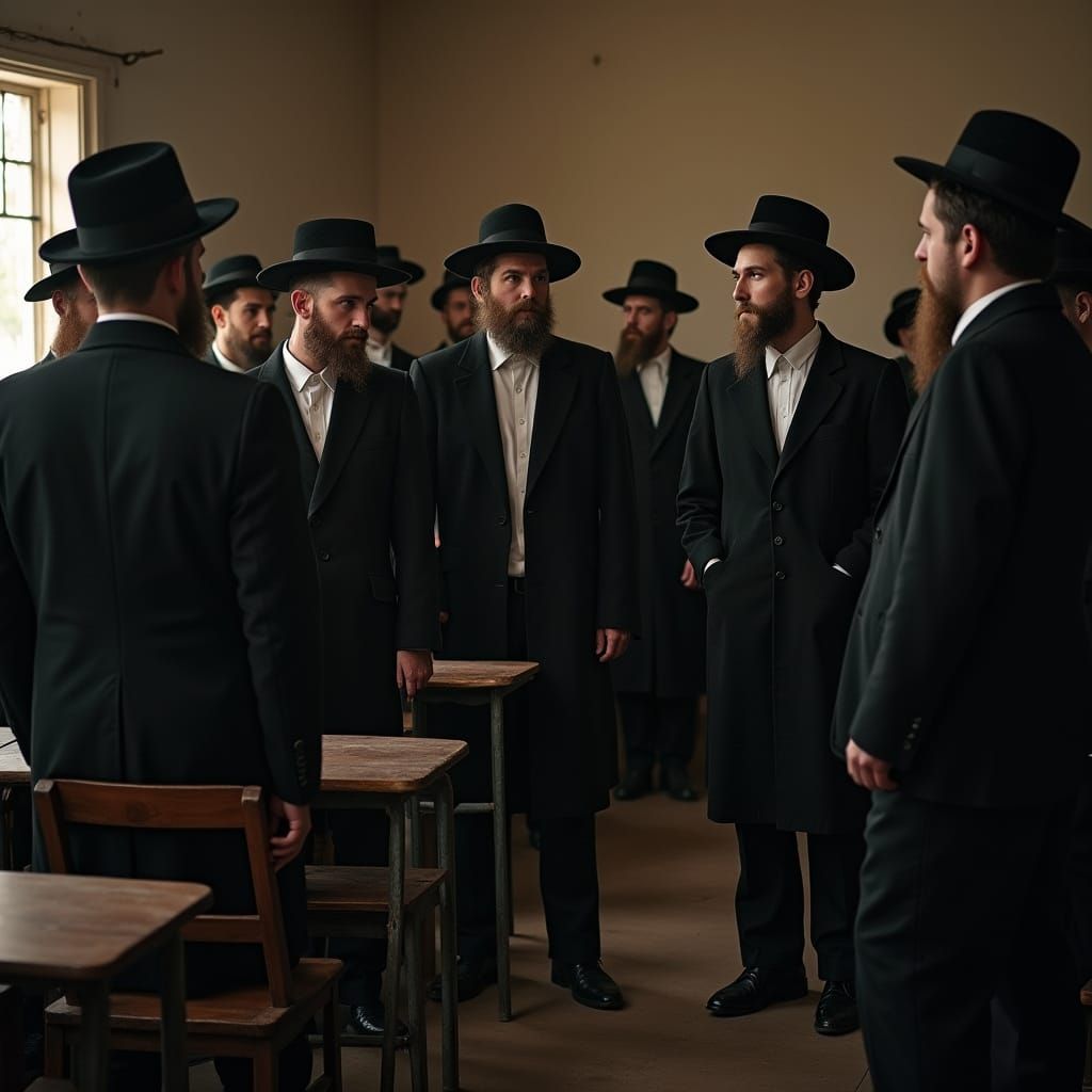 Haredi Men in Traditional Attire Gather in a Rustic Classroo...
