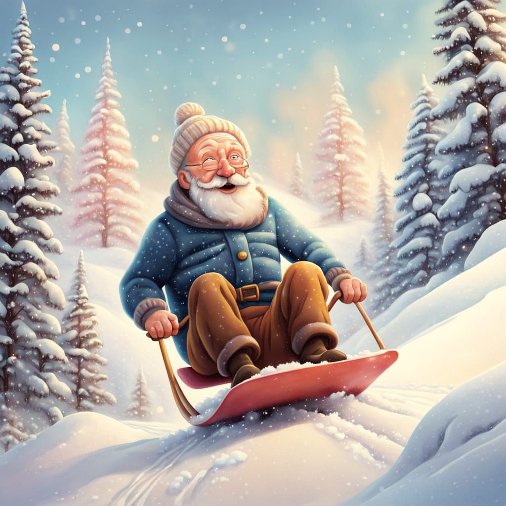 old man sledding down a snowy hill