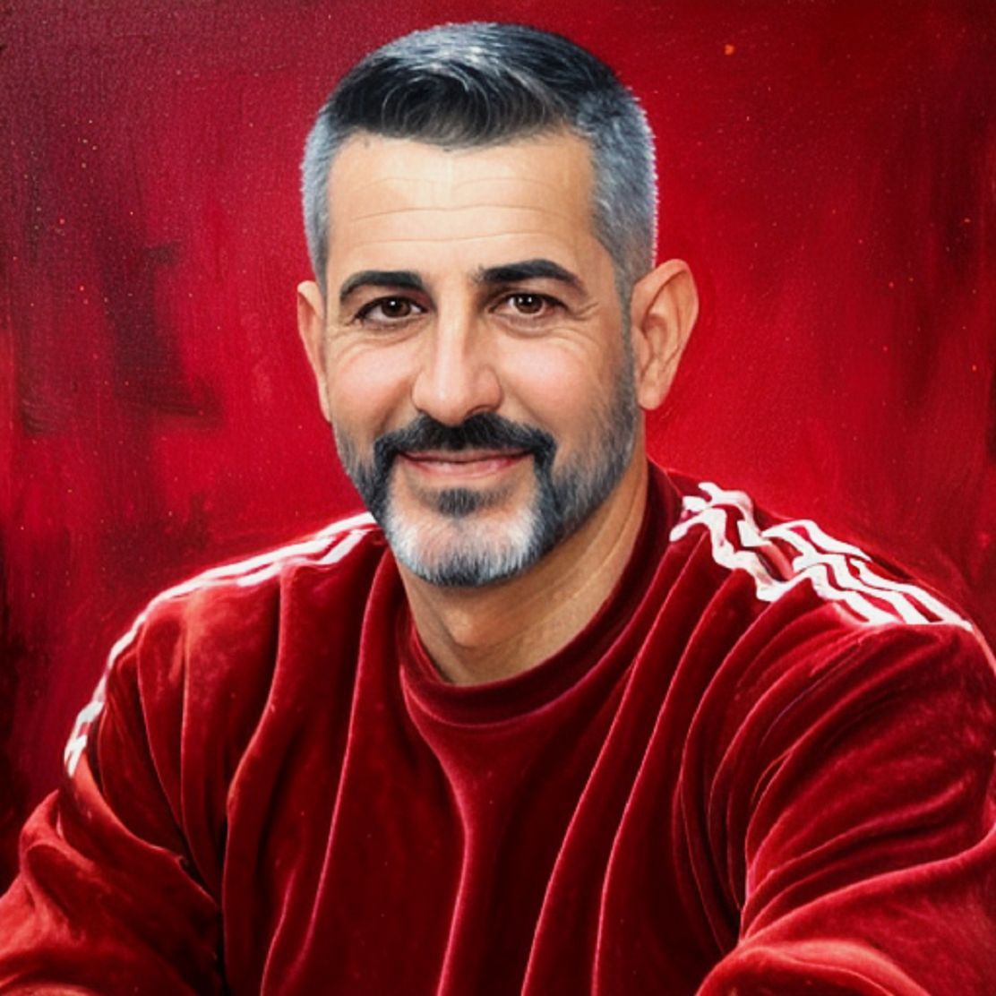 A handsome daddy wearing a red velours sweater