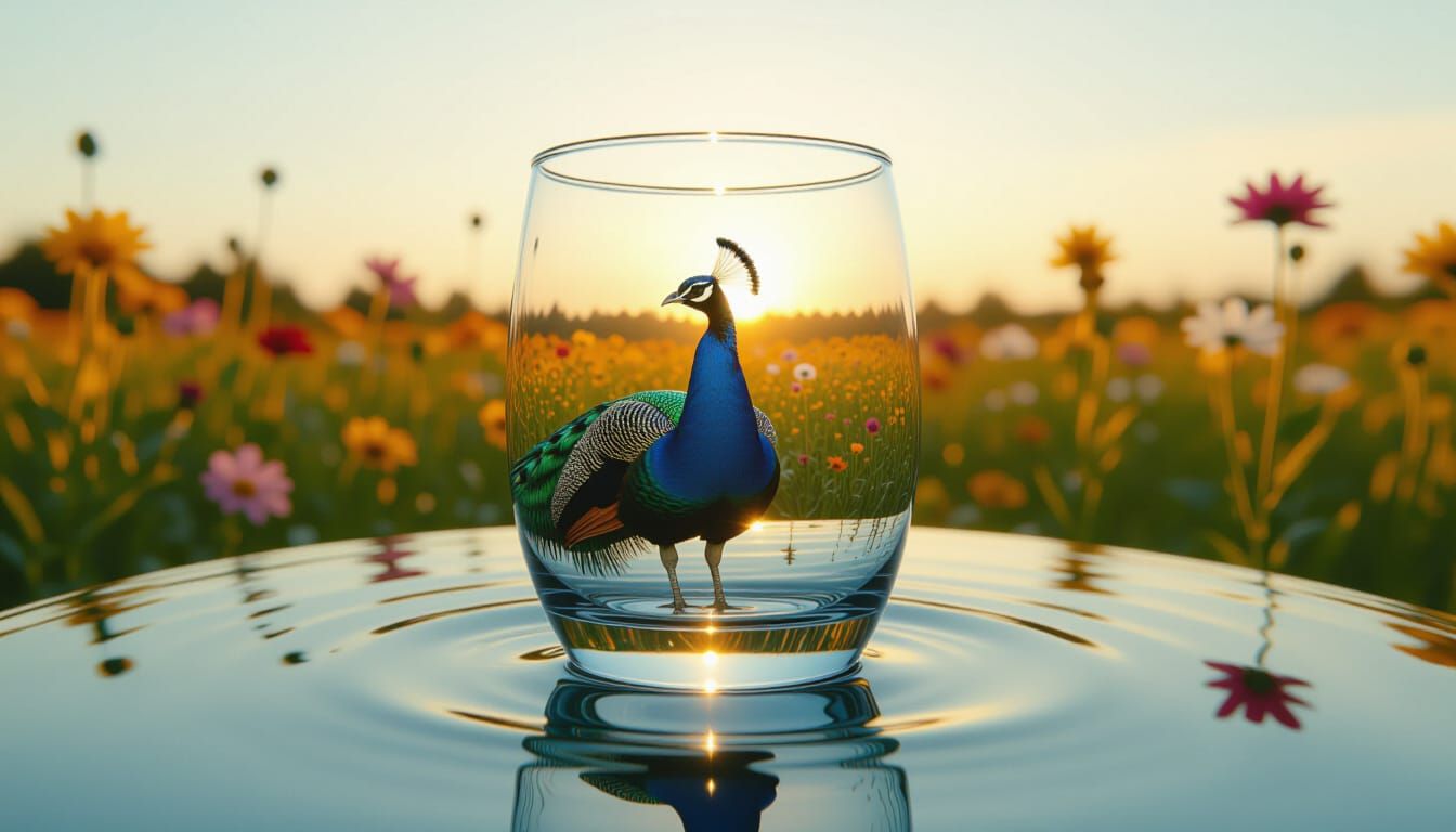 Peacock Reflection in Water Glass Over Flower Field
