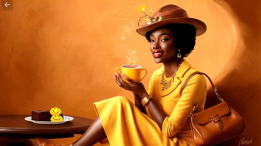 An African Woman Drinking Hot Chocolate and Eating Smiley fa...