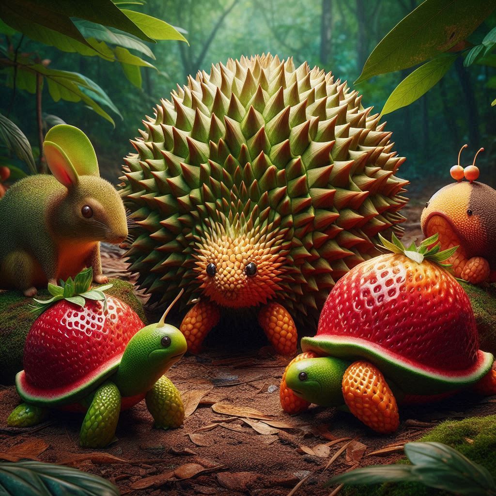 Fruit animal meeting in a rainforest