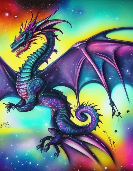 Dragon, Hyperrealistic, Stars, Galaxy, Beautiful Shot, Graffiti Art 