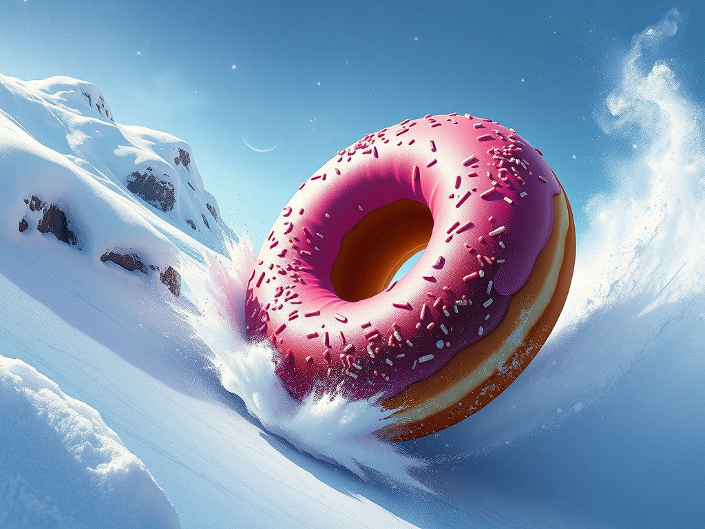 A giant chocolate donut with a pink coating caught in an avalanche tumbles down a snowy mountain!  by @Paul G