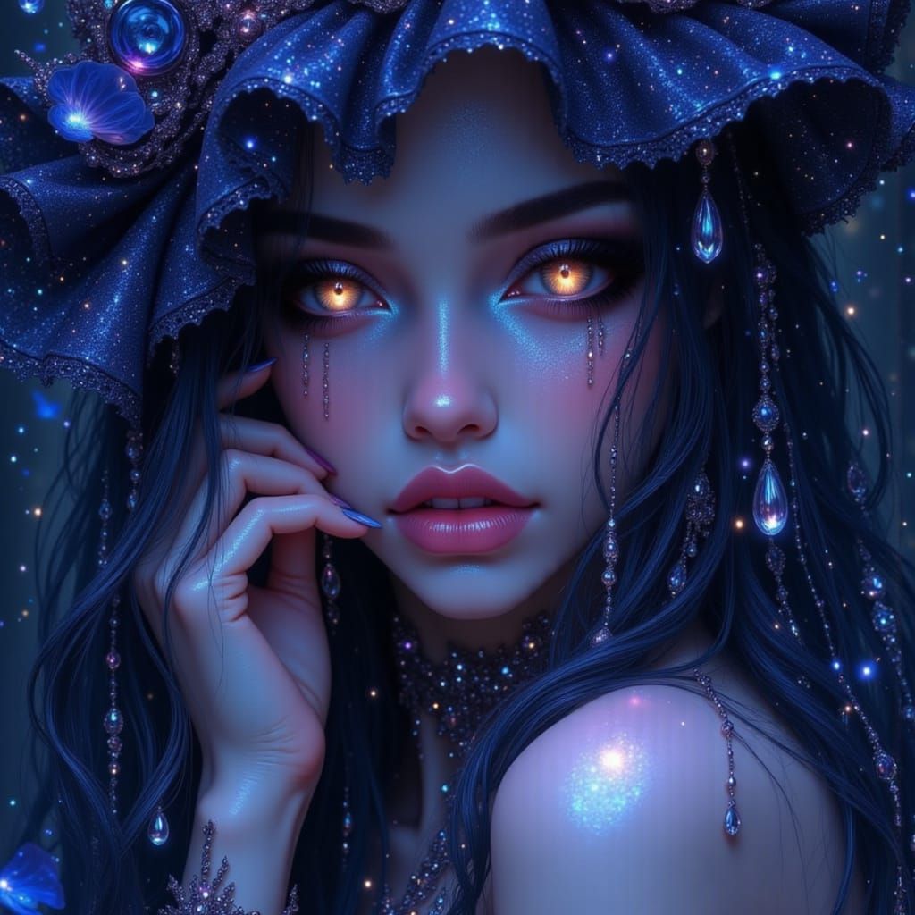 Fantasy portrait of a gothic enchantress, twilight lighting, shimmering tears, soft painterly strokes, glowing veil, magical sorrow Moonrose...