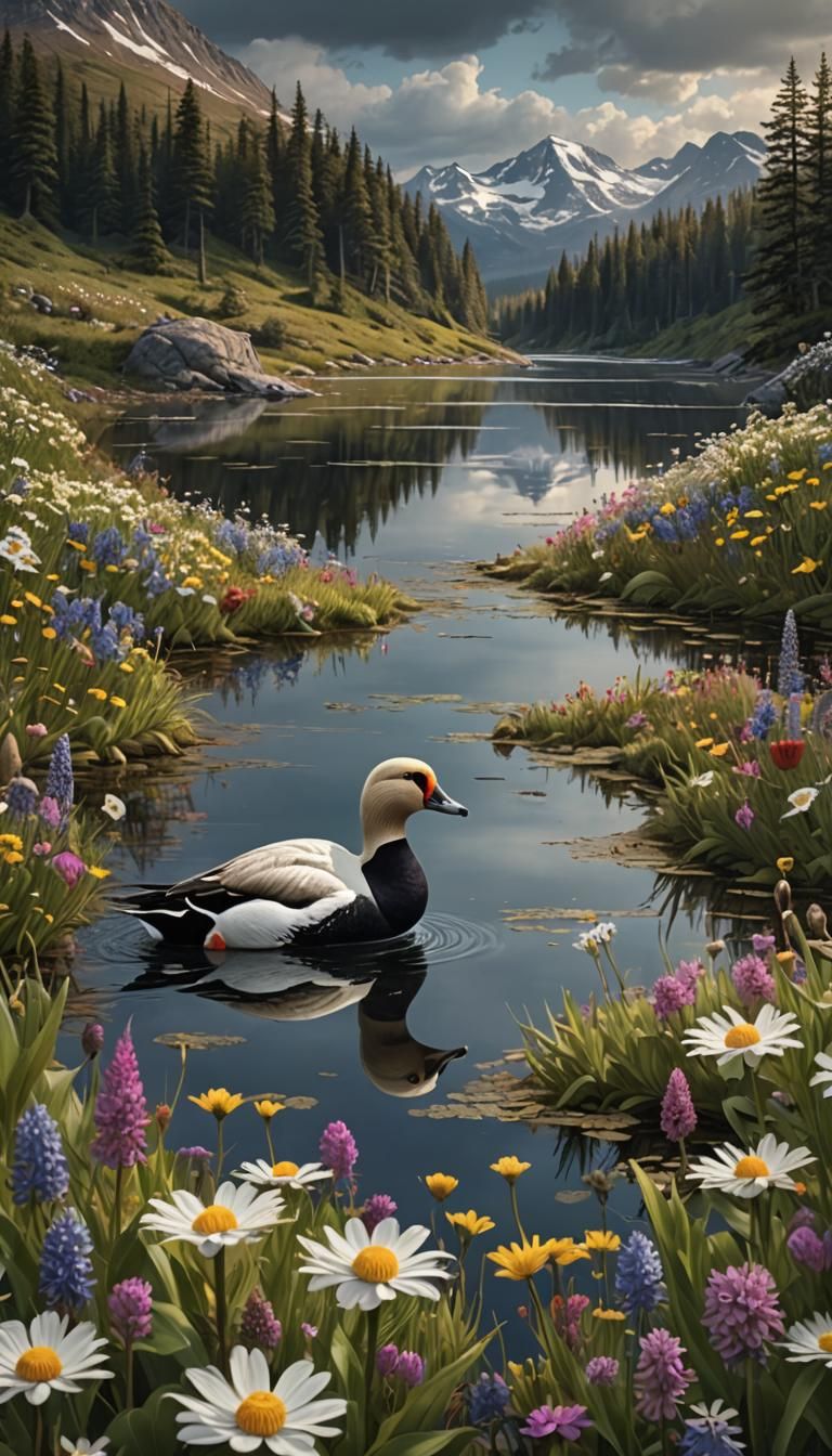 Mountain lake. King eider. Wildflowers