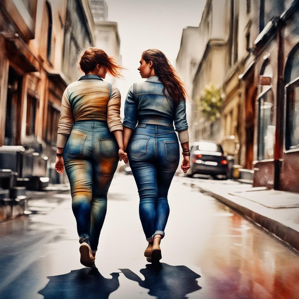 Painterly watercolor curvy lesbians walking
