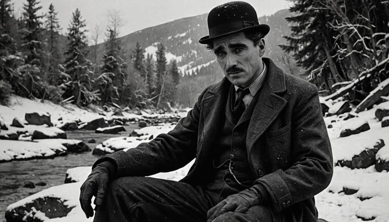 Charlie Chaplin sitting on rock in snow  by @Patrick Francart