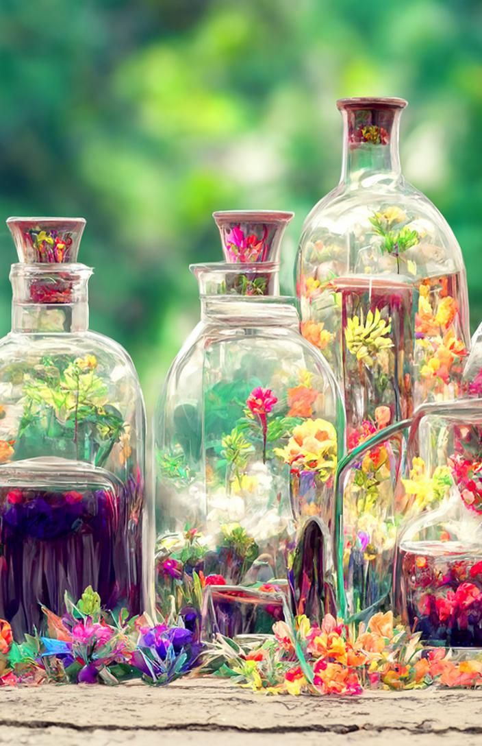 Colourful Flowers Trapped in Glass Bottles