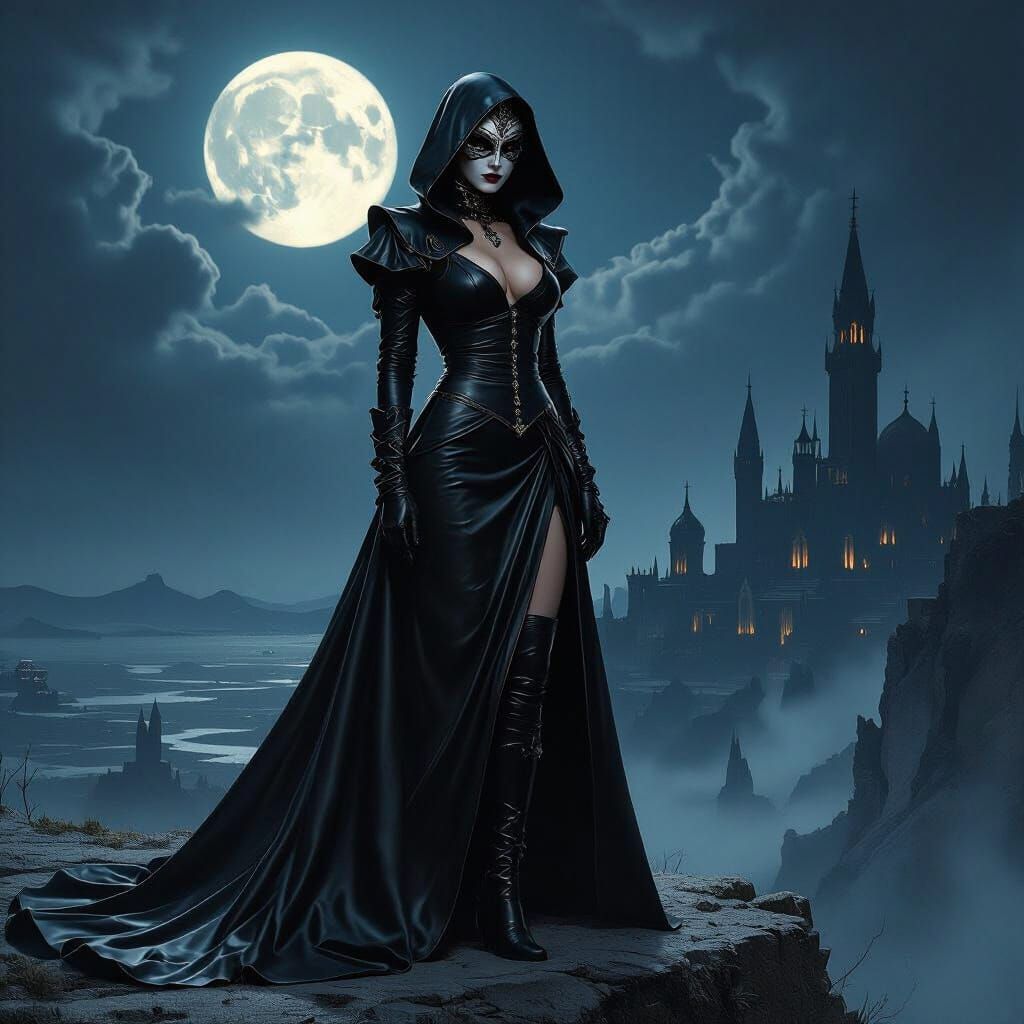 A commanding matriarch figure, draped in a flowing leather gown, with thigh high boots and a full faced venetian mask stands on a p...