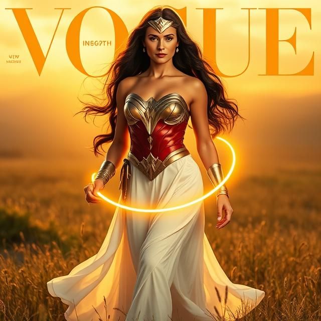 Vogue magazine cover featuring Wonder Woman, goddess-like, s...