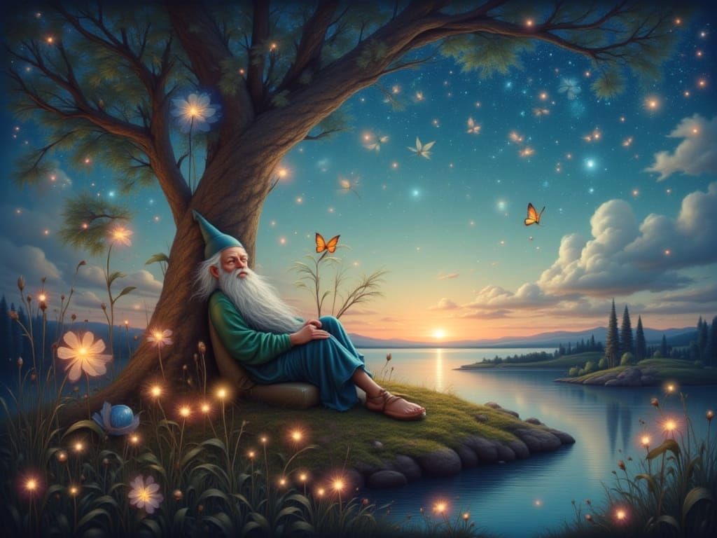 <lora:Albino cellieste:1.0> a old mand gnome  with green blouse with long sleve sand blue jeens, he lyon and sleeps up of a big tree, pixiha...