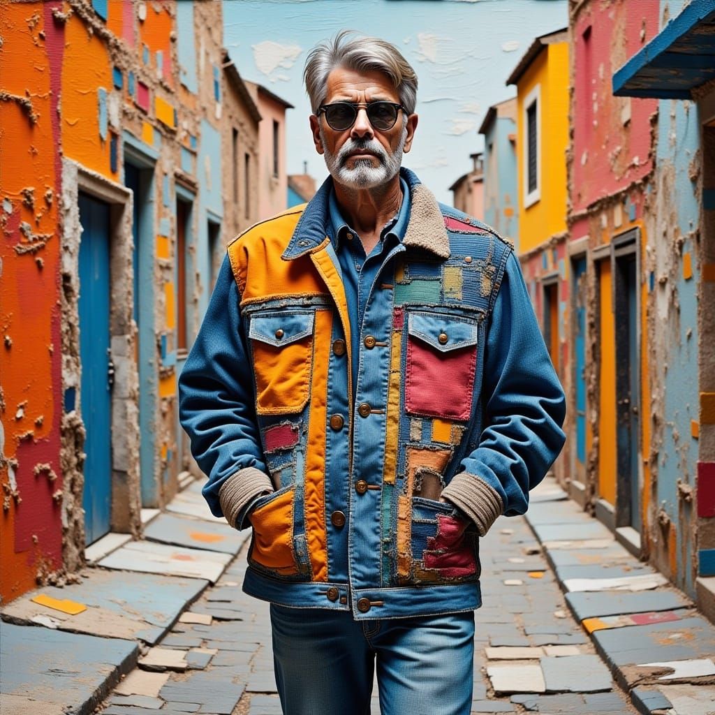 <lora:Impasto Patch:1.0>Imagine a man walking through the street with his hands in his pockets, he is wearing a patchwork jacket with orange...