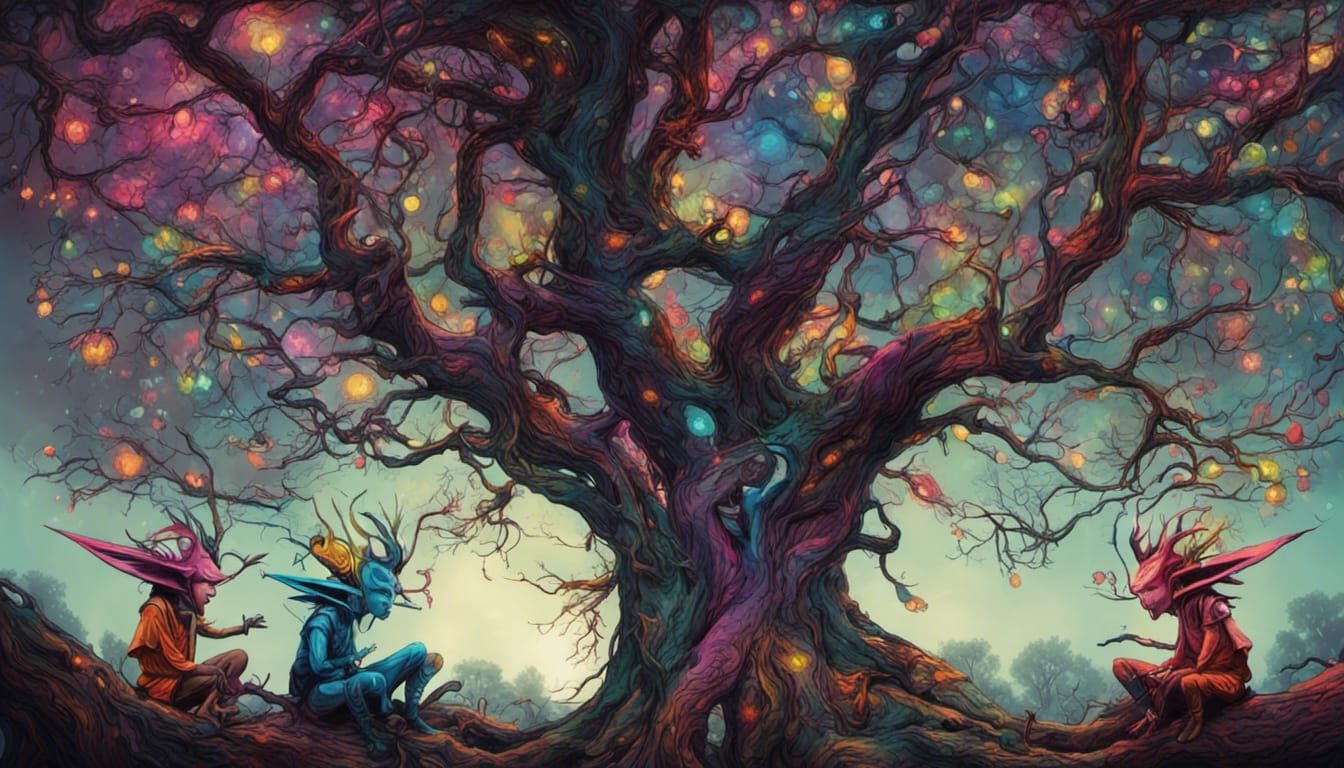 playful psychedelic wood elves sitting on tree branches in p...