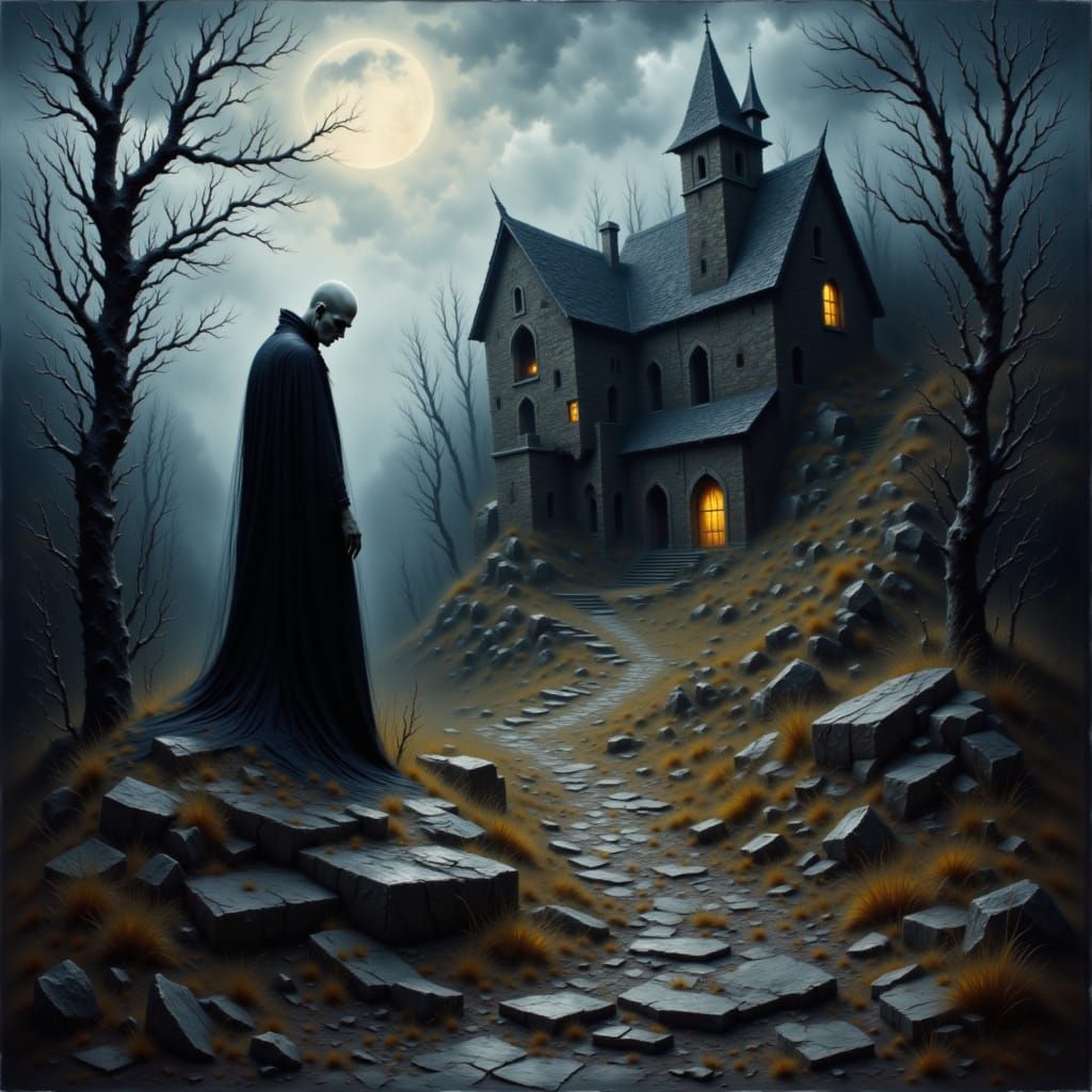 <lora:Gothic Halloween 1-1:1.0> Ghastly pale vampire standing in front of a crumbling castle
