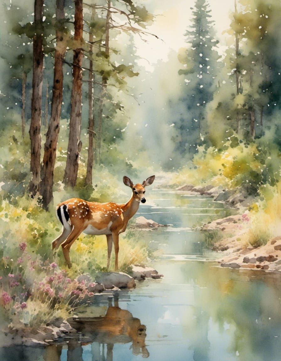 Mountain scene, with pines and a lazy river with wildflowers...