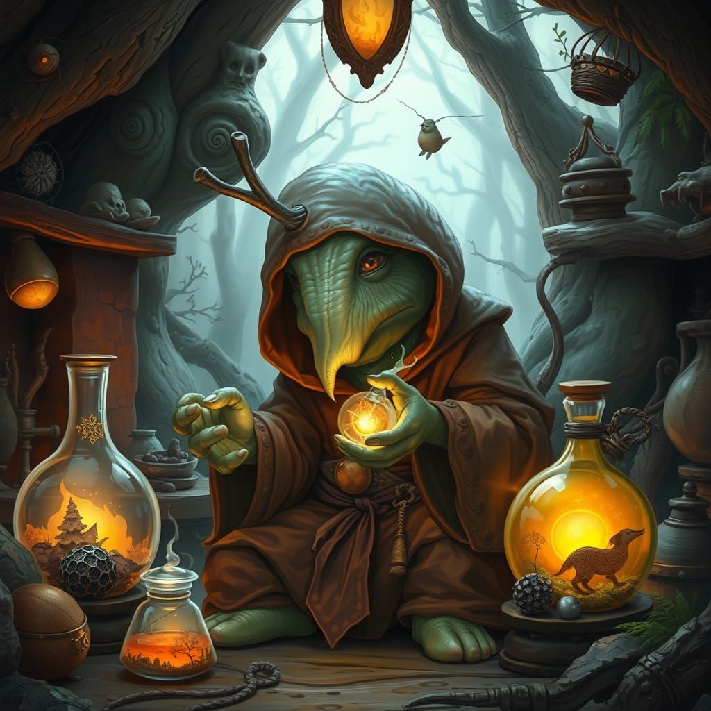 High fantasy epic snail alchemist curiously looking at their potion, snail alchemist, scenic woodland shack interior, high detail, high qual...