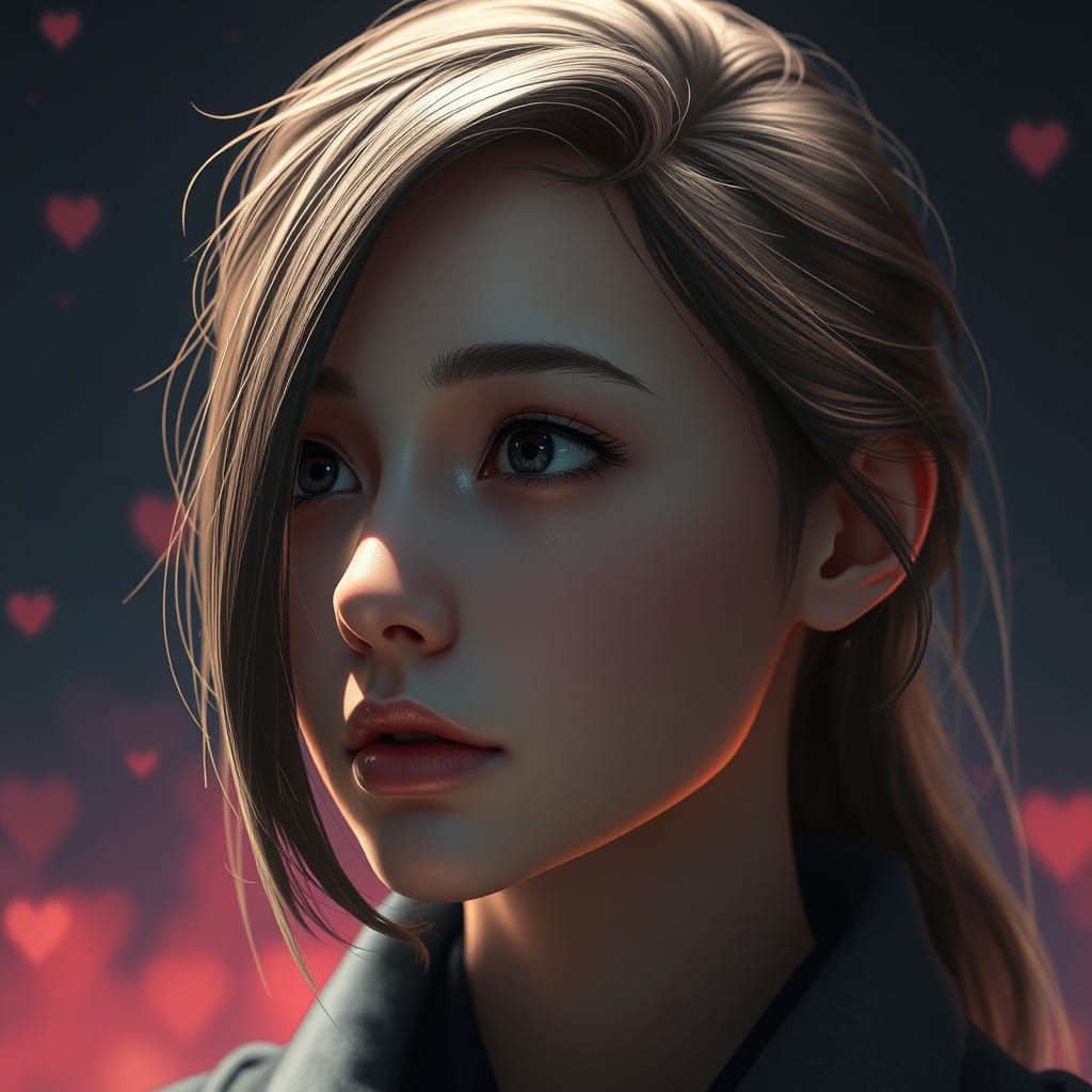 Young Woman Lost in Thought, Amidst Whimsical Fantasy Realm