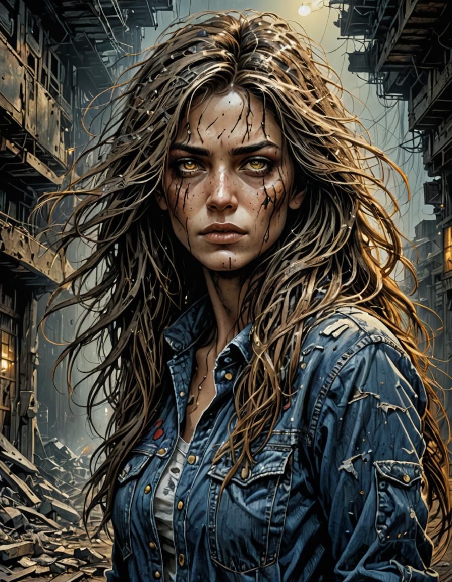 full body, focused on female face, messy long hair everywher...