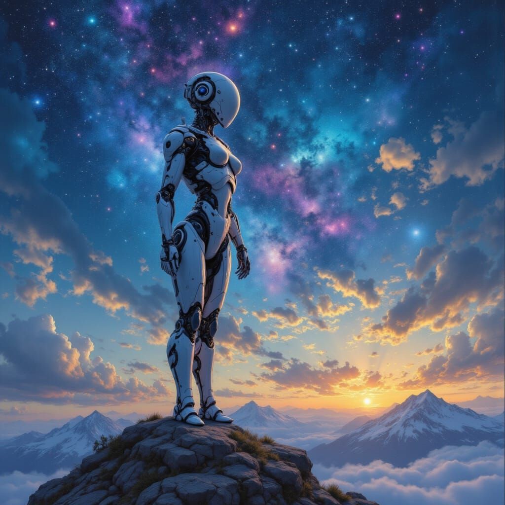 Beautiful female robot on a mountaintop stands under the stars. <lora:NeuveauImpression:1.0>