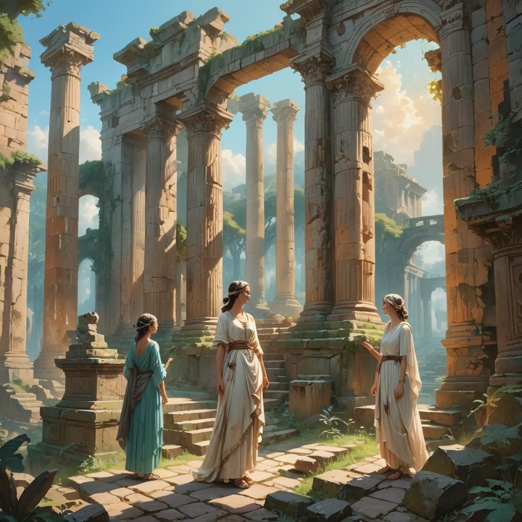 Ancient Ruins with Ethereal Women: Oil Painting