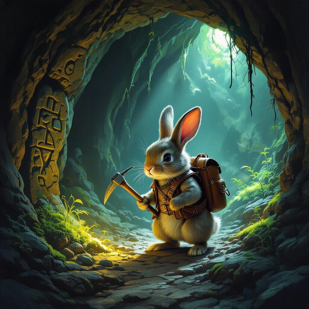 A determined rabbit, equipped with a tiny leather backpack and a miniature pickaxe, bravely ventures ...  by @BEAST1966