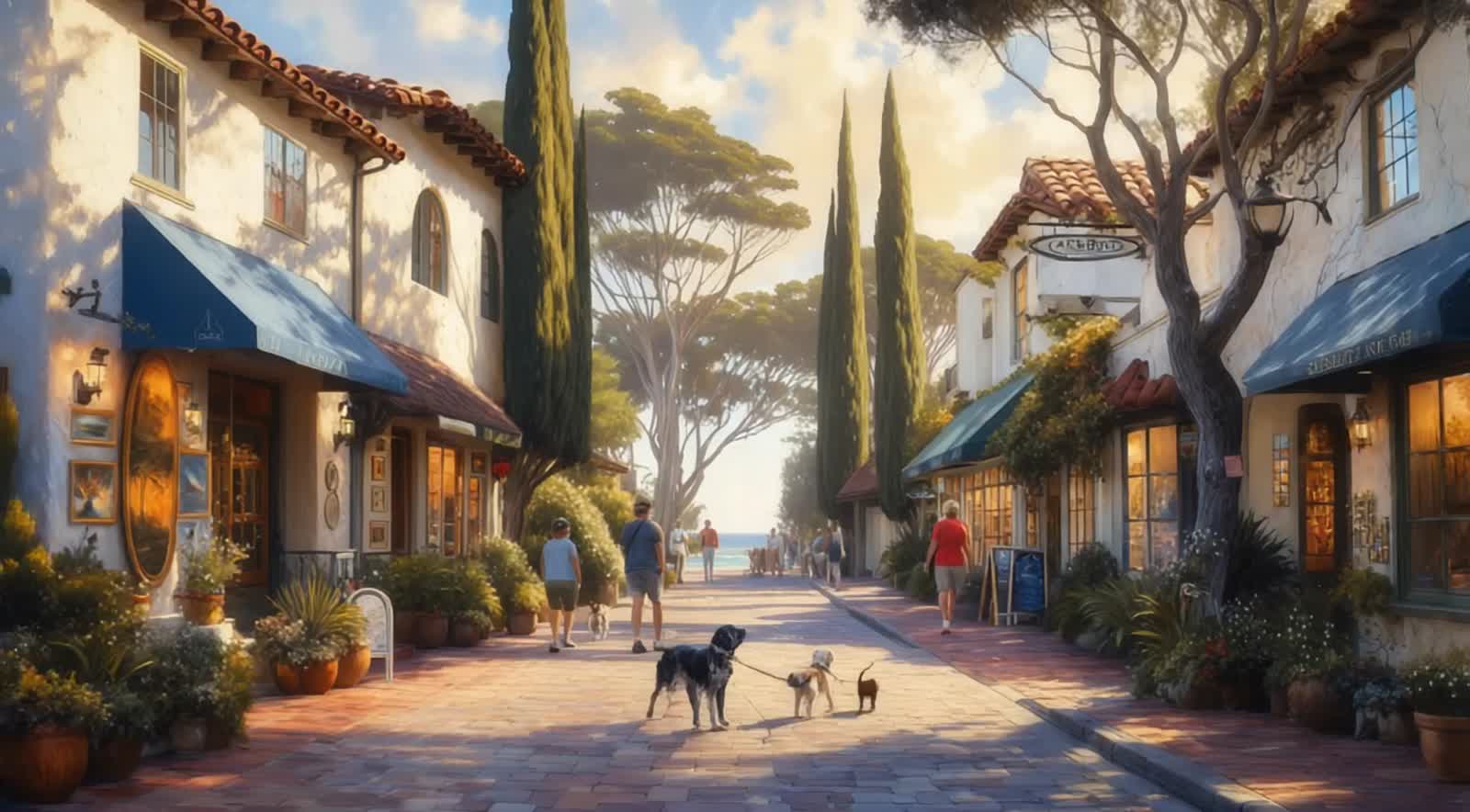 "POV walking along a quiet, sunlit sidewalk in Carmel, California. The path is lined with charming art galleries, boutiq...