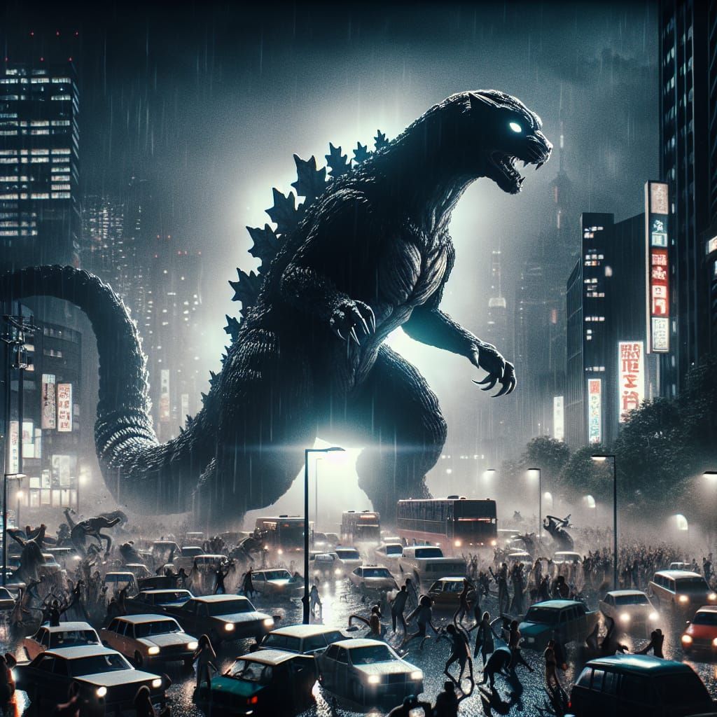 A towering giant black and white Catzilla monster trampling cars in a ...