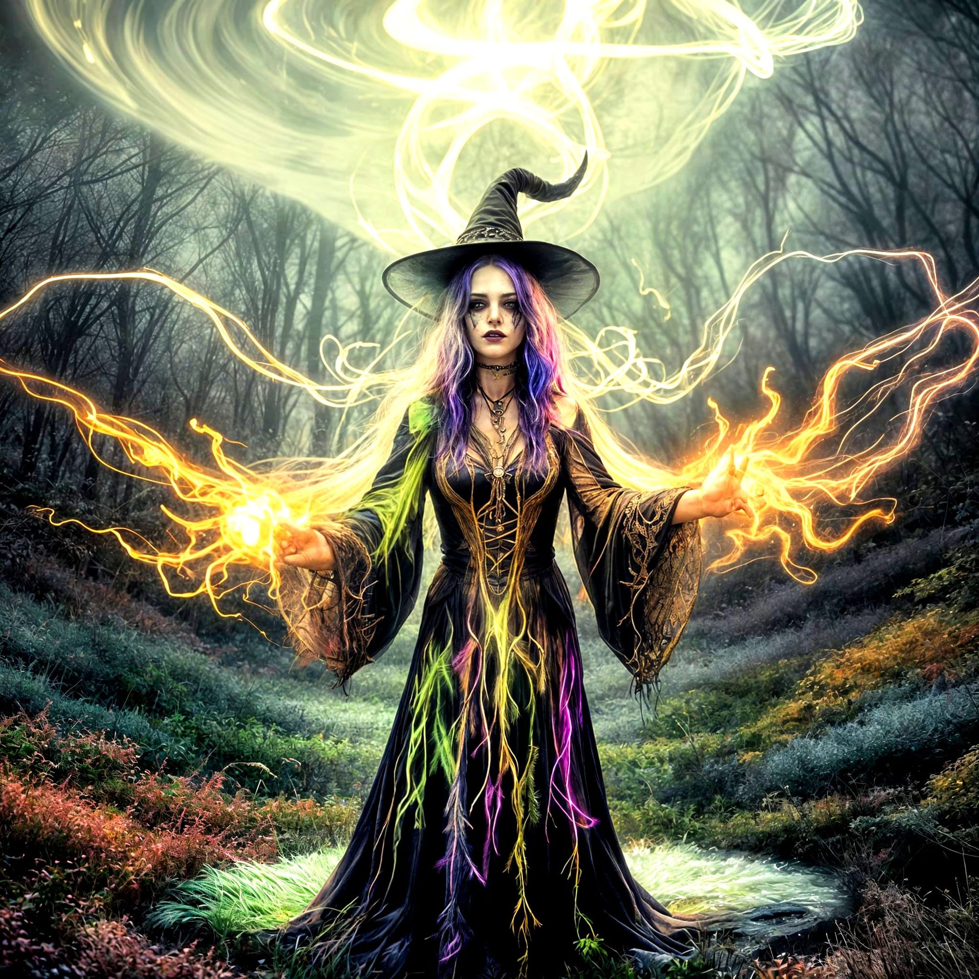Create a wierd and wild make image into a witch who uses colors as her magic 