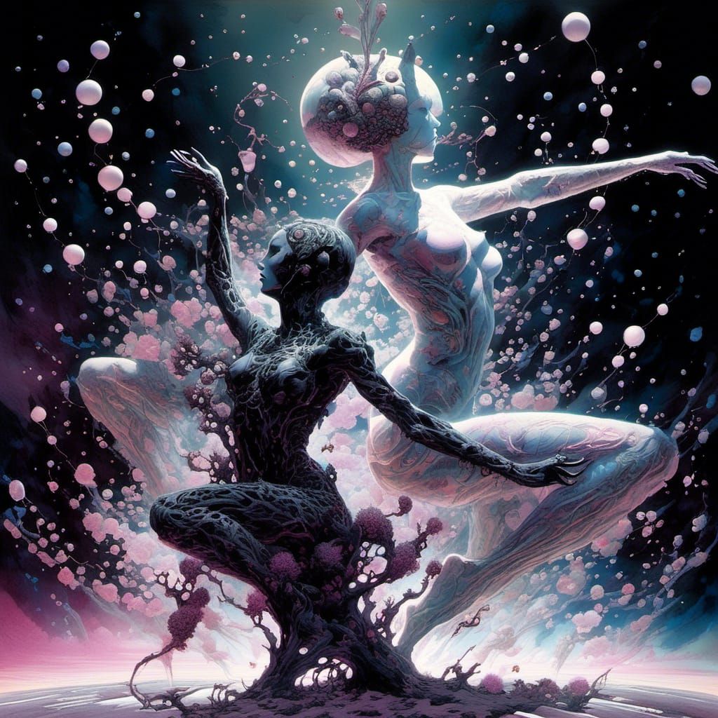 Silhouettes Dancing in Cosmic Watercolor Style