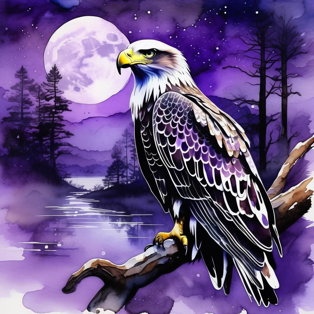 In the misty moonlight a spotted eagle Mix of pale purple wa...